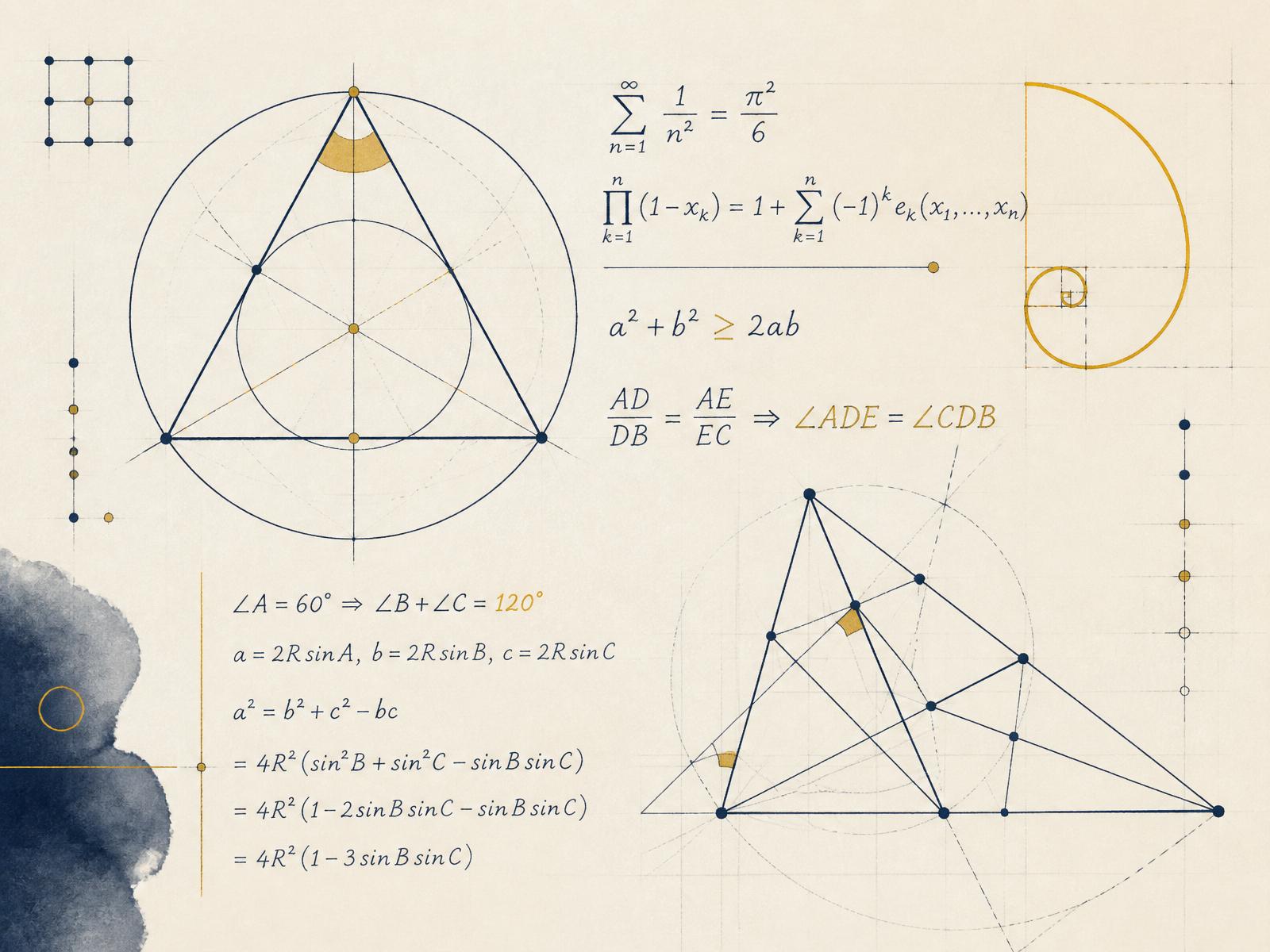 Handwritten geometry proofs, series identities, and Fibonacci spiral in navy ink on cream paper